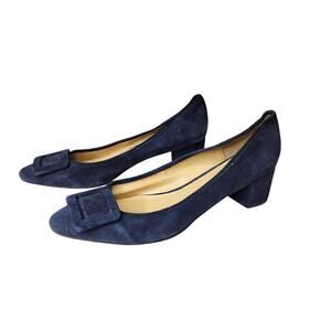 Talbots Blue Suede Pumps Block Heel Slip On Classic Retro Capsule 8M